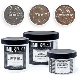 Photo of 3 colors and sizes of Real Milk Paint Co. Finishing Glazes.
