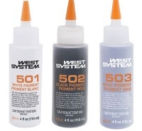Photo of West System 501 White Pigment, 502 Black Pigment and 503 Gray Pigment