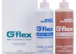 Photo of bottles of West System 650 G-Flex Epoxy Resin and 650 G-Flex Epoxy Hardener